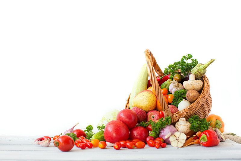 篮子,蔬菜,清新,水果,素食,椒类食物,夏天,西红柿,食用菌,白色