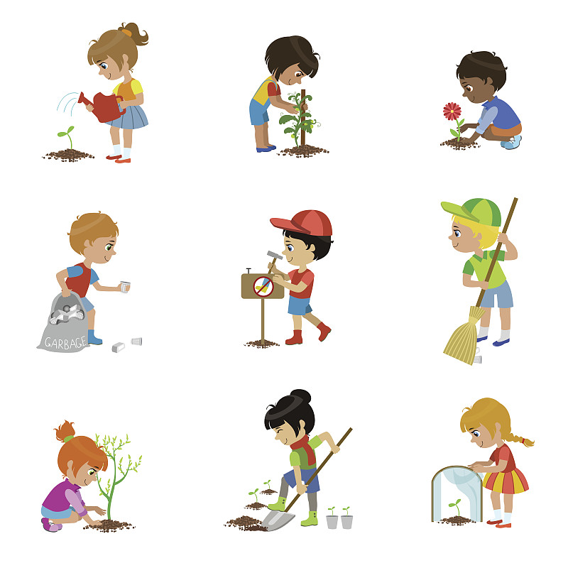 绘画插图,园艺,儿童,垃圾,提举,泥土,标签,户外,白色,植物