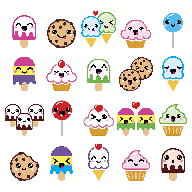 可爱,纸杯蛋糕,可爱的,冰淇淋,符号,性格,食品,饼干,棒棒糖,咬一口