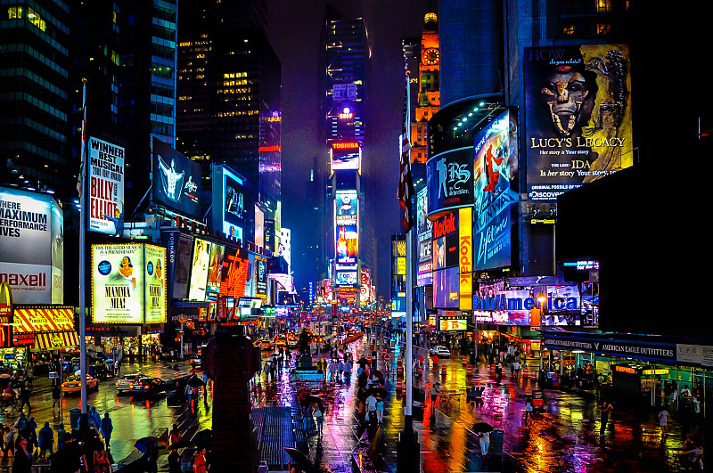 时代广场,旅游目的地,水平画幅,无人,百老汇,城市生活,霓虹色,城市,曼哈顿时代广场,路灯