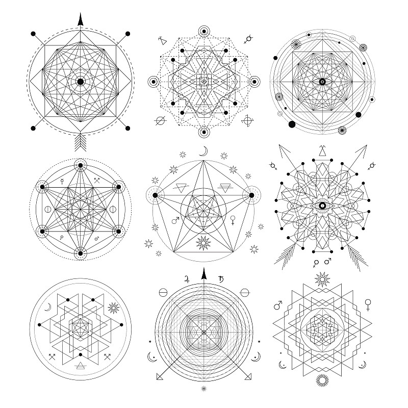 符号,秘密,几何学,灵性,炼金术,绘画插图,共济会,古典式,标签