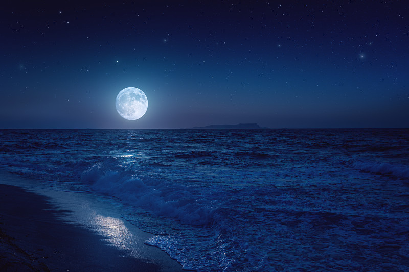 月球,海洋,在上面,北极星,月亮,星星,夜晚,超新星,海滩,水