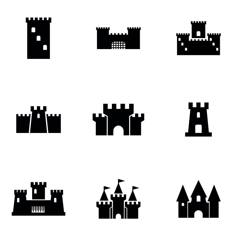 城堡,矢量,图标集,黑色,要塞,塔,侍从,纪念碑,古董,地名
