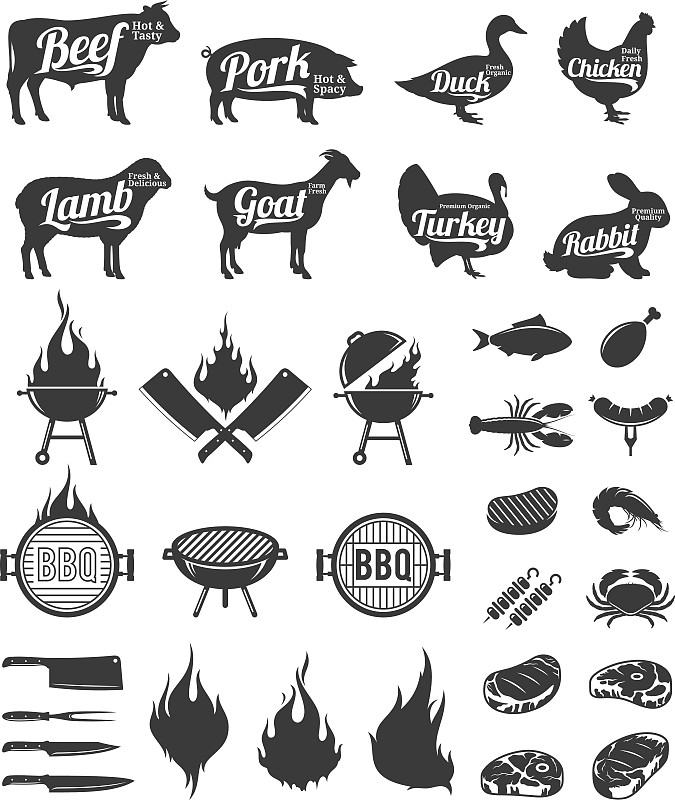标签,烤肉架,牛排,炊具,化学元素周期表,绘画插图,海产,商店,熏猪肉,火鸡肉