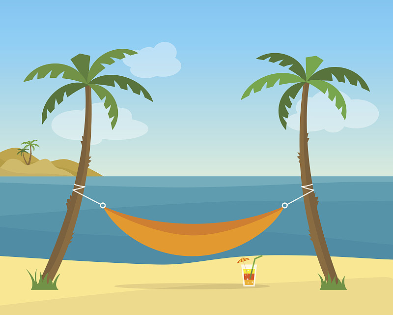吊床,海滩,棕榈树,岛,沙子,热带气候,绘画插图,壁纸,海洋,矢量