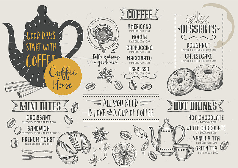 咖啡,模板,菜单,咖啡馆,绘画插图,烤咖啡豆,古典式,早晨,标签,商店