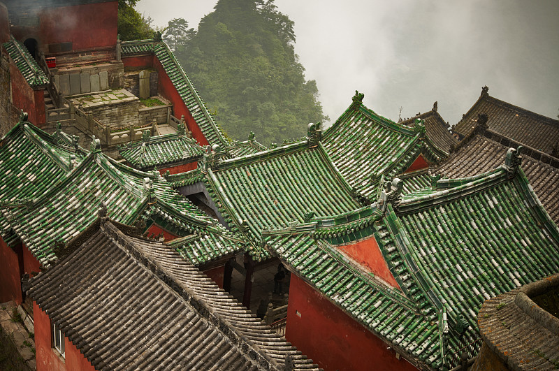 寺庙,武当山,太极,棕褐色调,瓦,灵性,雾,古董,水平画幅,连栋房屋