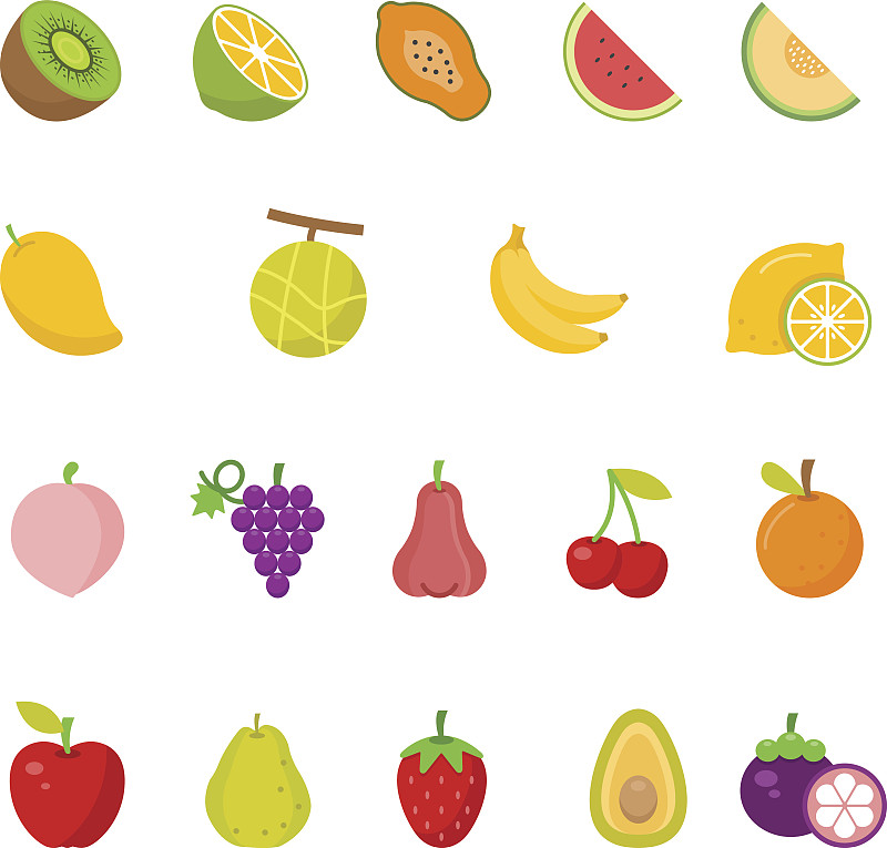 水果,图标集,彩色图片,素食,樱桃,绘画插图,夏天,异国情调,橙子,柠檬