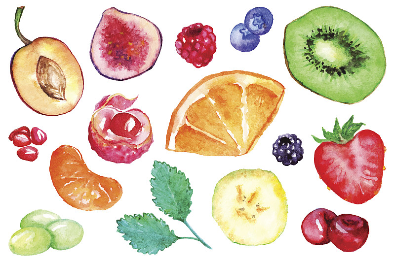 矢量,浆果,切片食物,水彩画,分离着色,热带水果,素食,樱桃,绘画插图