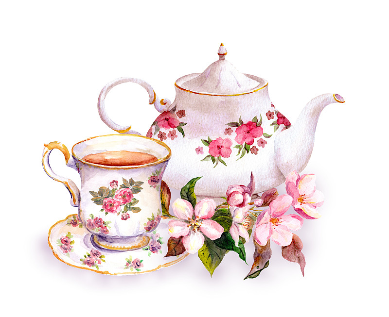 杯,茶,茶壶,式样,水彩画,餐具,艺术,水平画幅,樱花