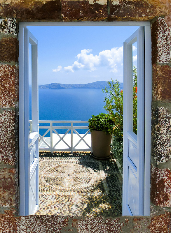 希腊,圣托里尼岛,阳台,海洋,看风景,自然美,垂直画幅,天空,美,透过窗户往外看