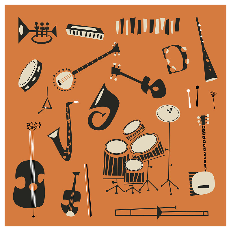 爵士乐,乐器,单簧管,噪声,绘画插图,古典式,三角铁,卡通,音乐节,白色