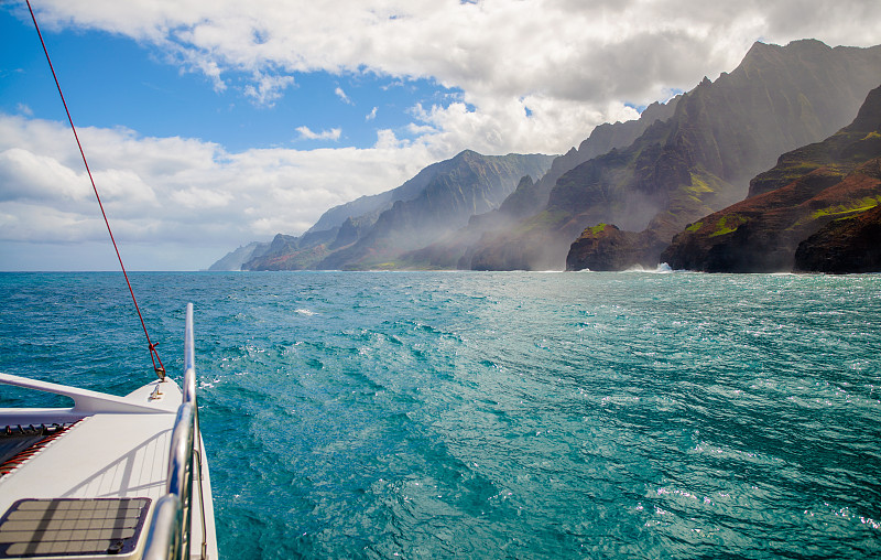 夏威夷,考艾岛,纳柏里海岸,水,双体船,水平画幅,无人,户外,云景,非凡的