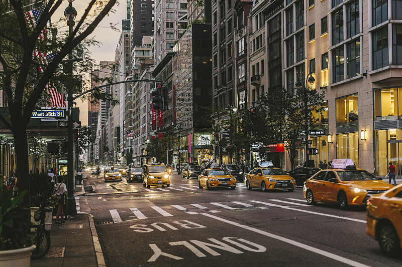 第五大道,纽约州,曼哈顿,纽约,黄色出租车,街道,居住区,出租车,金融区,市区