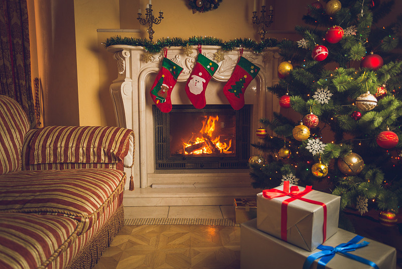 圣诞树,壁炉,起居室,水平画幅,牧人小屋,壁炉架,无人,阶调图片,沙发