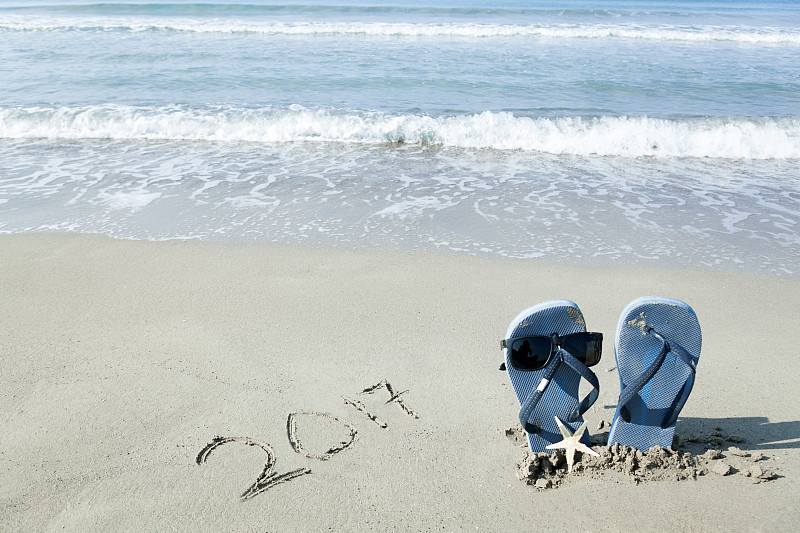 2017年,新年前夕,概念,历书,沙子,幽默,开端,新的,时间,海滩