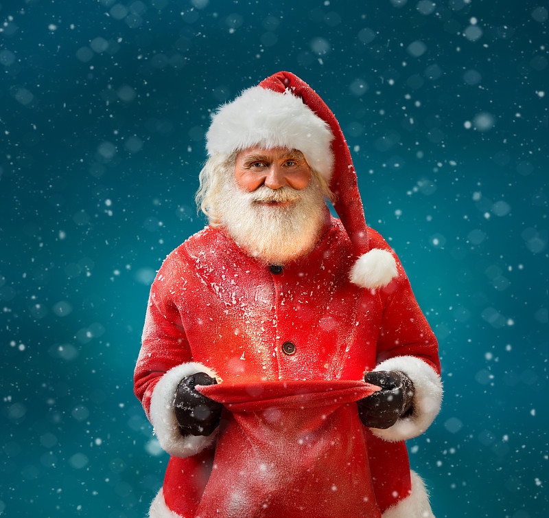 圣诞老人,大口袋,络腮胡子,北极点,一月,蓝色背景,拿着,彩色背景,雪花,古服装