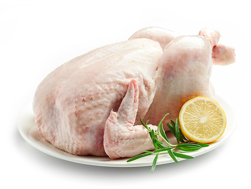 生食,鸡,完整,家禽,鸡肉,盘子,动物皮,水平画幅,木制,白色背景