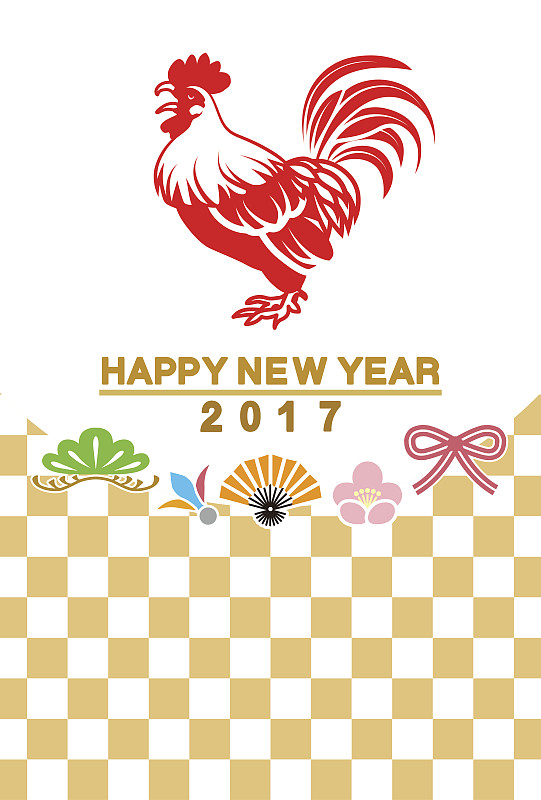 新年卡,2017年,日本,公鸡,传统,计算机图标,鸡年,啼叫,梅花,十二生肖