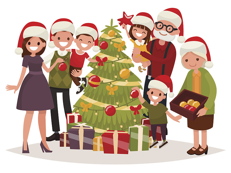 圣诞树,家庭,绘画插图,矢量,巨大的,幸福,圣诞礼物,祖母,美洲土著居民