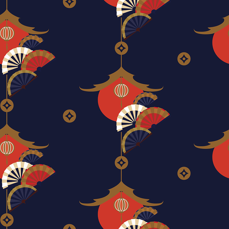扇子,四方连续纹样,式样,日本,和服,亚洲,华丽的,灯笼,橙色,图像