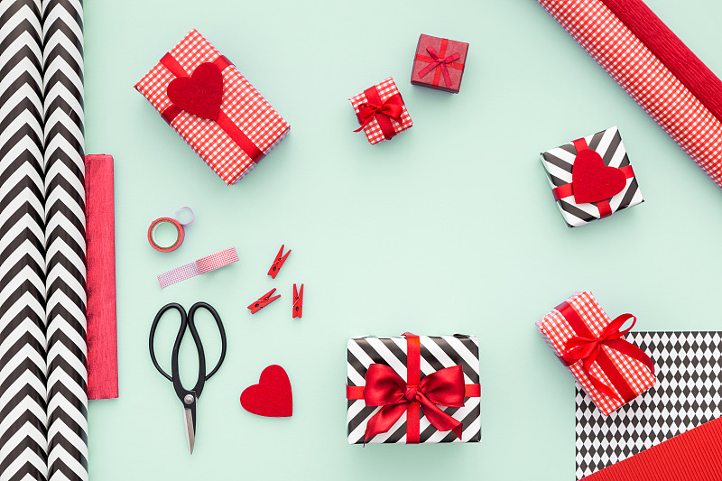 礼物,盒子,薄荷糖,现代,背景,平铺,排列整齐,糖纸,情人节,缎带
