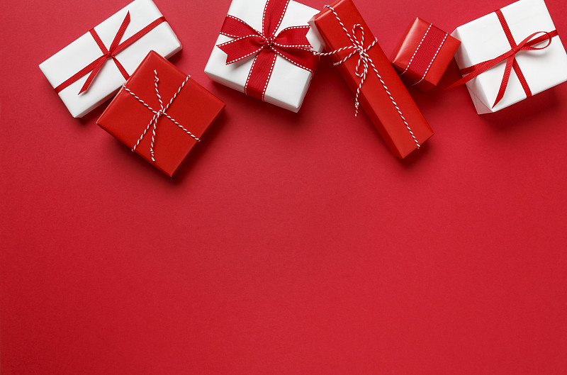 圣诞礼物,礼物,简单,极简构图,红色背景,国境线,有包装的,顶部,包装纸,红色