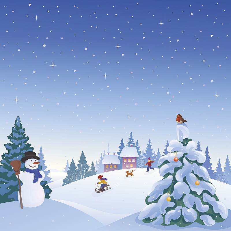 冬天,户外,红腹灰雀,乡村,雪人,知更鸟,雪橇滑学,丘陵起伏地形,雪,卡通