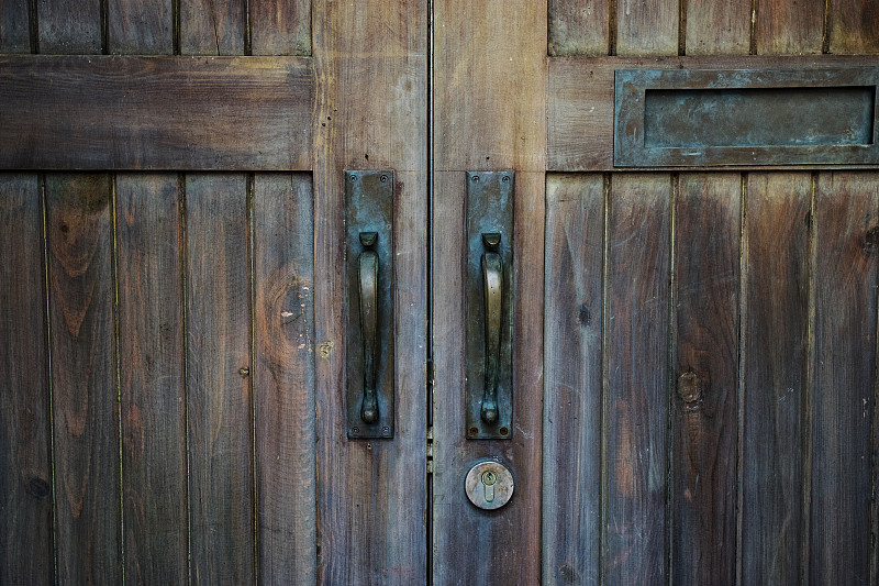 门,过时的,木制,褐色,门把手,把手,过去,关闭的,锁眼,大门