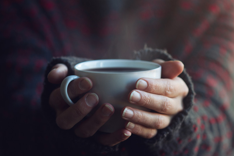 杯,女人,热,咖啡,手,拿着,毛衣,伴侣,早晨,光亮