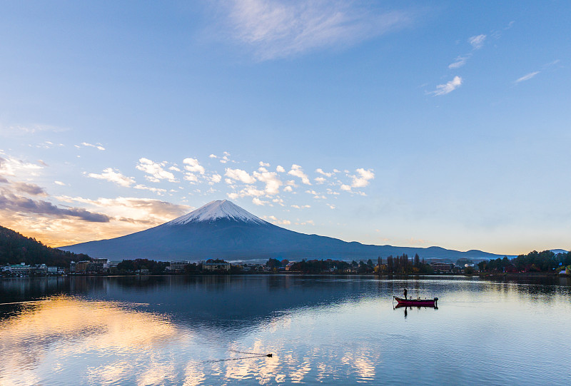 富士山,日本,河口湖,天空,美,里山,水平画幅,雪,无人,火山地形