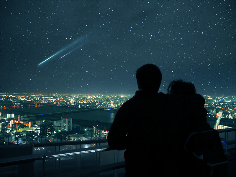 夜晚,伴侣,星星,城市天际线,大阪府,从上面看过去,天空,美,水平画幅,美人