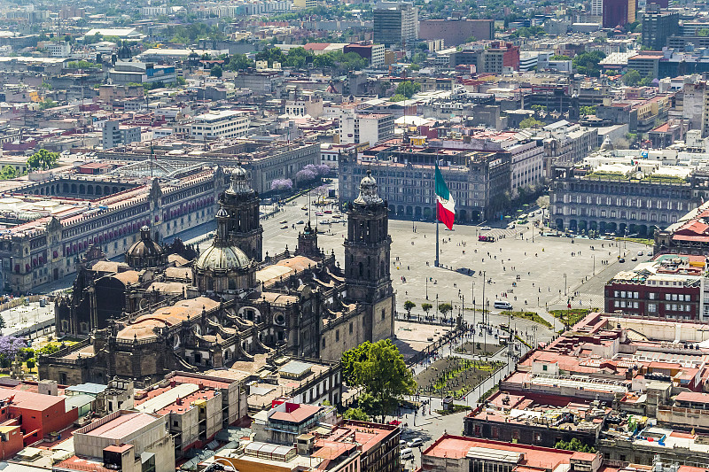 墨西哥城,广场,航拍视角,墨西哥故宫,殖民地式,直升机,户外,水平画幅,高视角