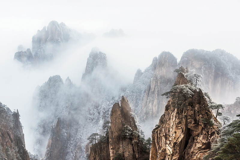 黄山山脉,中国,雾凇,海洋,云景,安徽省,天空,水平画幅,山,雪