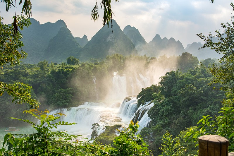 瀑布,中国,广西壮族自治区,热带气候,越南,宏伟,山,喀斯特,自然神力,热带树