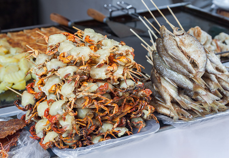 螃蟹,串肉签,中国食品,鱼类,棍,脆弱,格子烤肉,水平画幅,开胃品,海产
