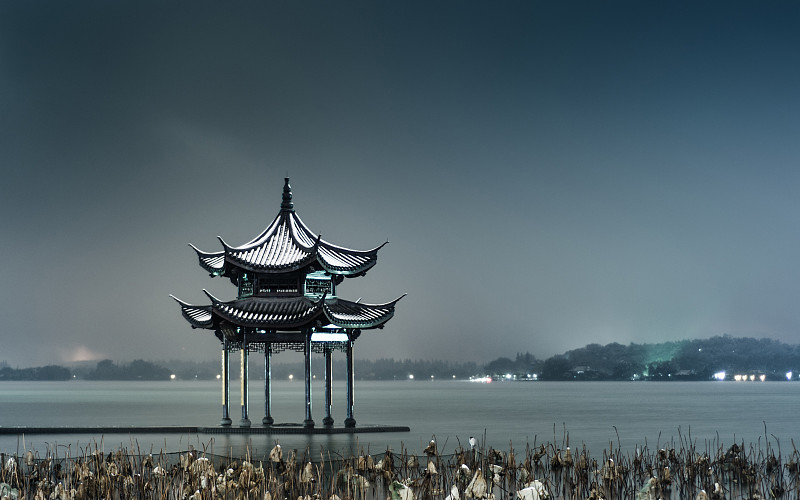 西湖,杭州,夜晚,中国,集贤亭,亭台楼阁,自然,长椅,水平画幅,雪
