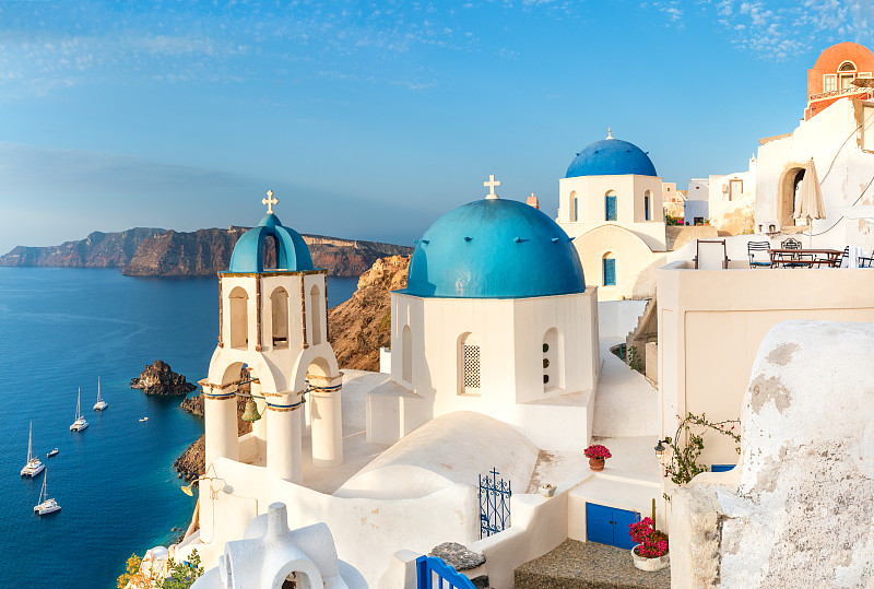 希腊,圣托里尼岛,欧伊雅,当地著名景点,蓝色,圆顶建筑,天空,美,水平画幅