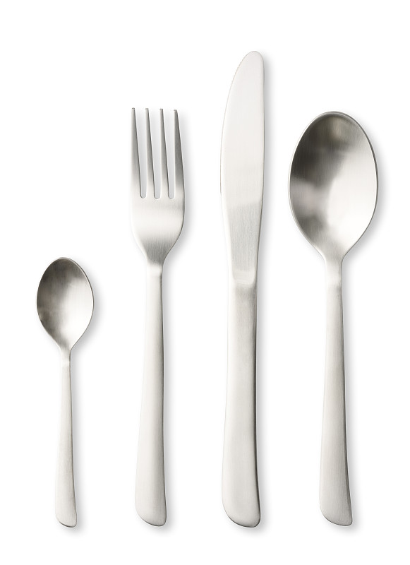 汤匙,餐刀,茶匙,白色背景,少量物体,银餐具,餐位,四个物体,不锈钢,银色