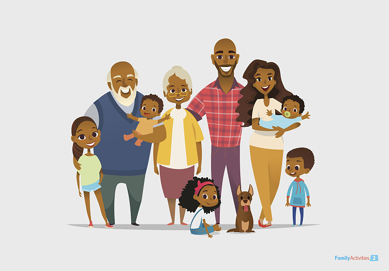 多代家庭,父母,巨大的,祖父母,全家福,幸福,水平画幅,绘画插图,非裔美国人,男性