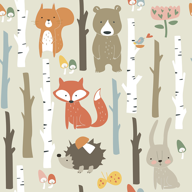 狐狸,树林,动物斑纹,动物,猫头鹰,松鼠,白桦,可爱的,收银条,绘画插图