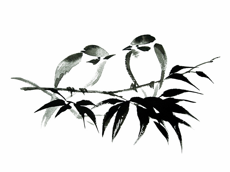 两只动物,绘画插图,鸟类,墨水,竹,烟灰墨,水墨画,叶子,绘画作品,艺术