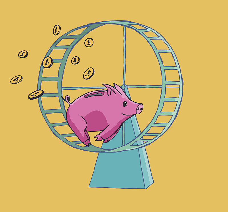 小猪扑满,滚轮,车轮,储蓄,水平画幅,银行,美元符号,绘画插图,情绪压力,银行保管箱