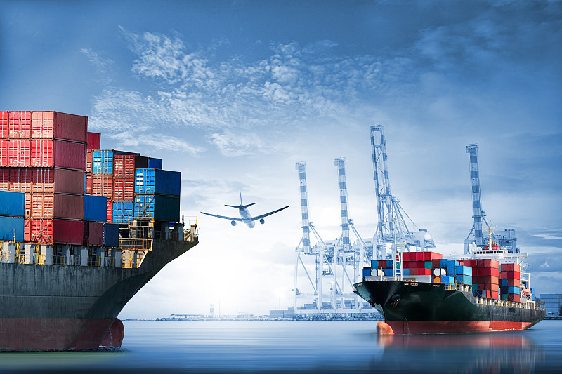 货运,货物集装箱,海上运输,货船,飞机,天空,曙暮光,全球通讯,容器,海洋