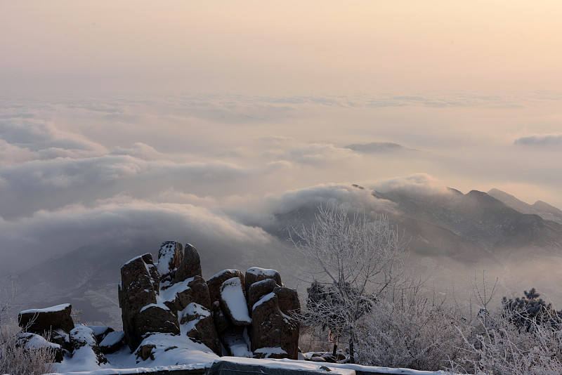 山,世界遗产,泰山,气候,水平画幅,雪,无人,早晨,户外,云景