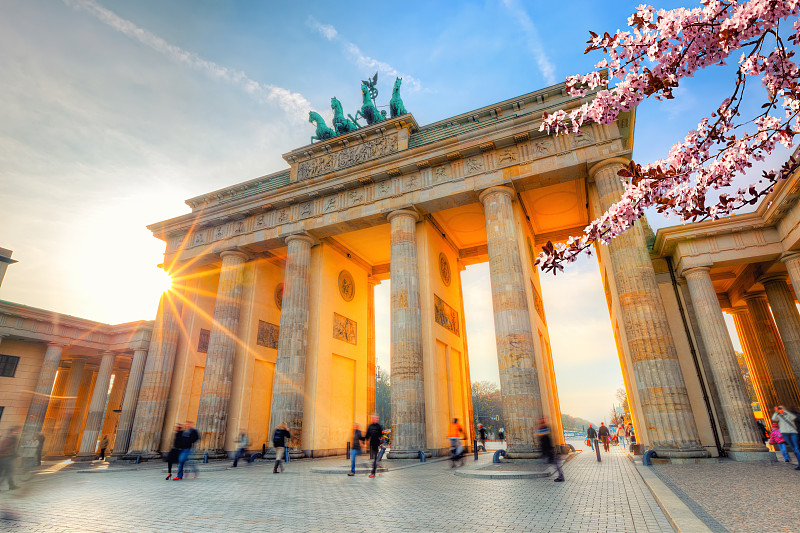 勃兰登堡大门,春天,纪念碑,天空,水平画幅,樱花,樱桃,传统,符号,古老的