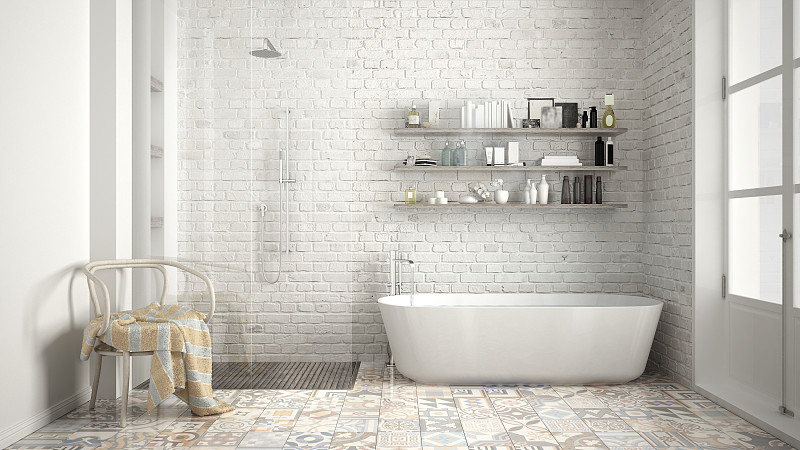 浴室,白色,斯堪的纳维亚人,简单,室内设计师,浴盆,砖地,装饰物,架子,华贵