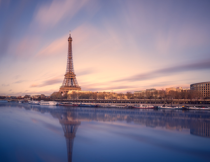 埃菲尔铁塔,巴黎,塞纳河,贝哈钦桥,投卡德侯区,玫瑰色的,宽的,法国,长时间曝光,塔