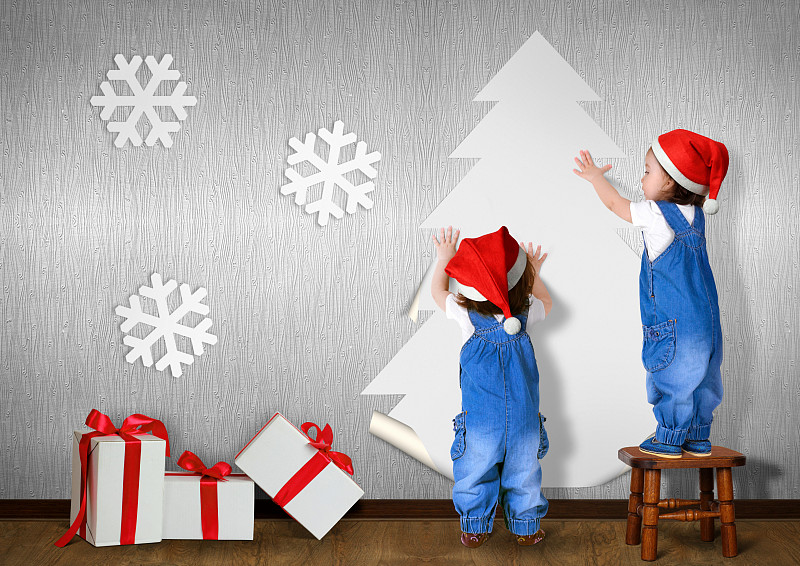 胶水,双胞胎,圣诞树,墙,家庭生活,概念,穿衣服,圣诞帽,小的