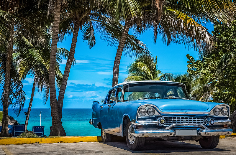 老爷车,瓦拉德罗,古巴,棕榈树,静止的,蓝色,在下面,古董车,1950-1959年图片,1960年-1969年